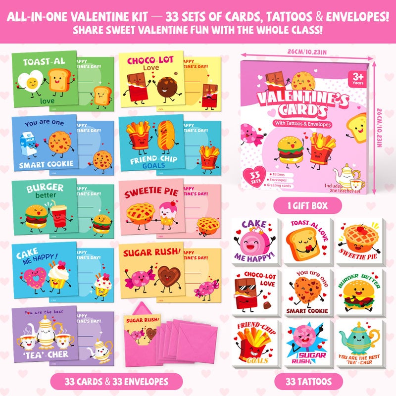 PARTYWIND Funny Food Pun Valentines Cards for Kids - 33 Sets with Valentine Cards,Temporary Tattoos & Envelopes (Includes 1 Teacher Set),Valentines Day Cards for Kids School Classroom Exchange - Image 2