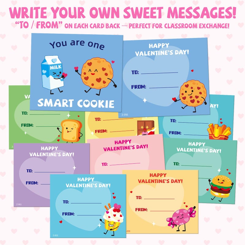 PARTYWIND Funny Food Pun Valentines Cards for Kids - 33 Sets with Valentine Cards,Temporary Tattoos & Envelopes (Includes 1 Teacher Set),Valentines Day Cards for Kids School Classroom Exchange - Image 4