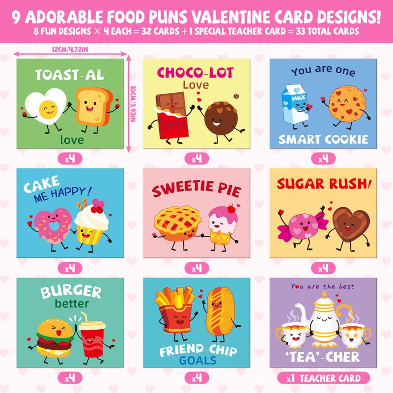 PARTYWIND Funny Food Pun Valentines Cards for Kids - 33 Sets with Valentine Cards,Temporary Tattoos & Envelopes (Includes 1 Teacher Set),Valentines Day Cards for Kids School Classroom Exchange - Image 3