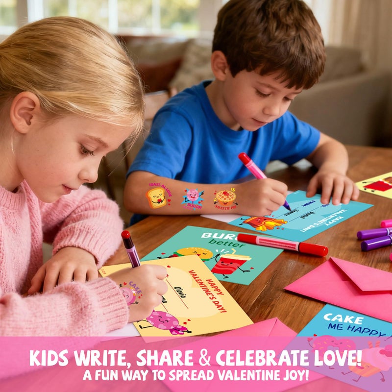 PARTYWIND Funny Food Pun Valentines Cards for Kids - 33 Sets with Valentine Cards,Temporary Tattoos & Envelopes (Includes 1 Teacher Set),Valentines Day Cards for Kids School Classroom Exchange - Image 5