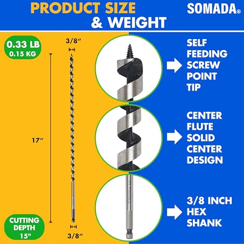 SOMADA 3/8-Inch x 17-Inch Auger Drill Bit for Wood, Hex Shank 3/8-Inch One Piece, Ship Auger Long Drill Bit for Soft and Hard Wood, Plastic, Drywall and Composite Materials - Image 2