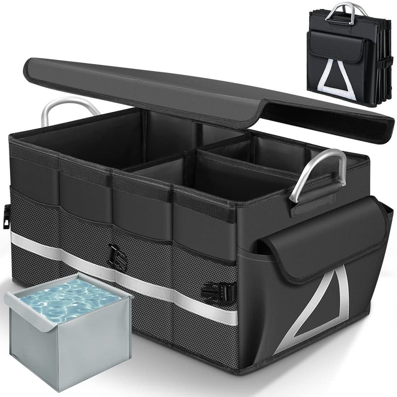 WINHUNT Trunk Organizer With Waterproof Bag Collapsible Multi Compartment Storage for Car SUV Sedan Truck  Non Slip Bottom Aluminium Handle Black Large 66L