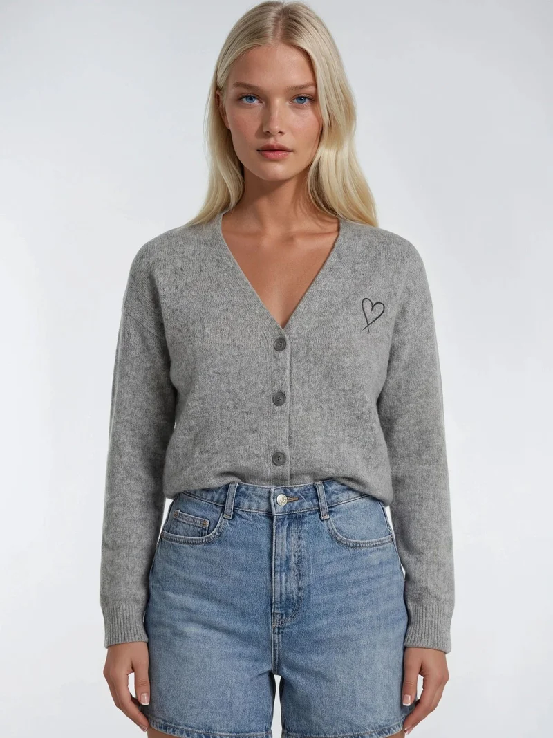 Mixray Dark Grey Mixray Oversized Knit Cardigan with Heart Detail for Women | Best Price UAE
