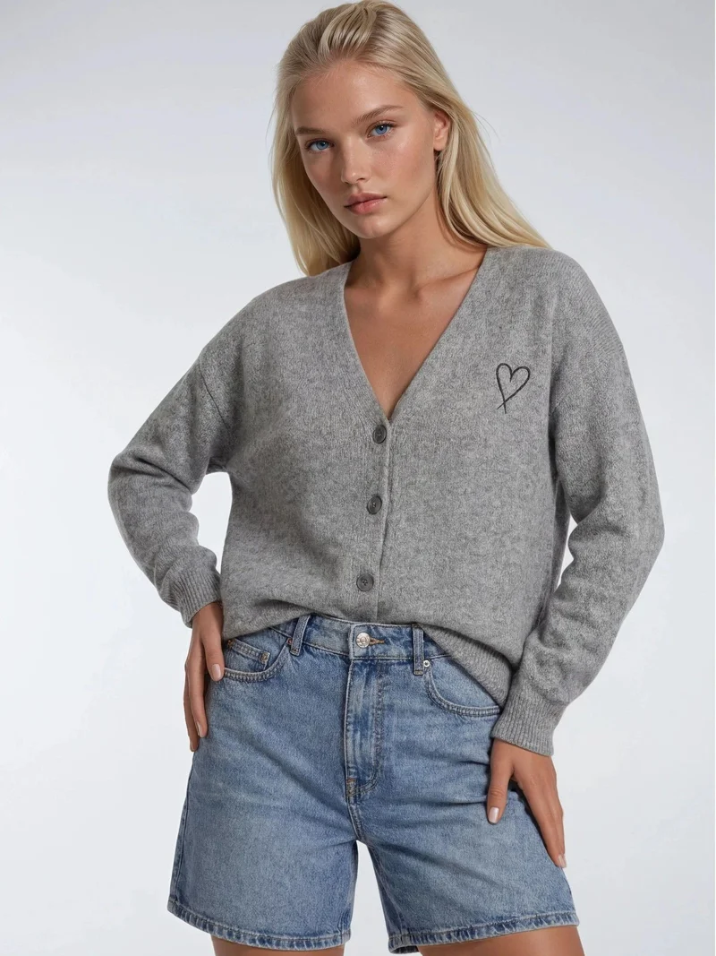 Mixray Dark Grey Mixray Oversized Knit Cardigan with Heart Detail for Women | Best Price UAE