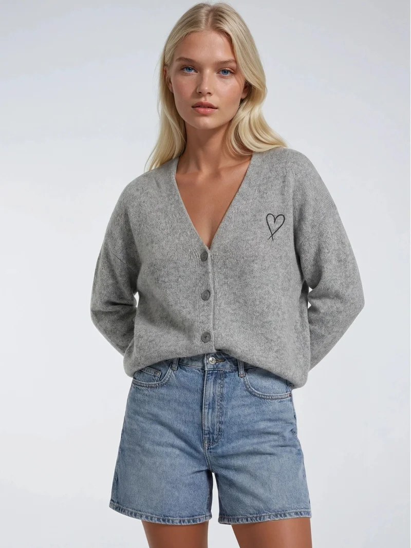 Mixray Dark Grey Mixray Oversized Knit Cardigan with Heart Detail for Women | Best Price UAE