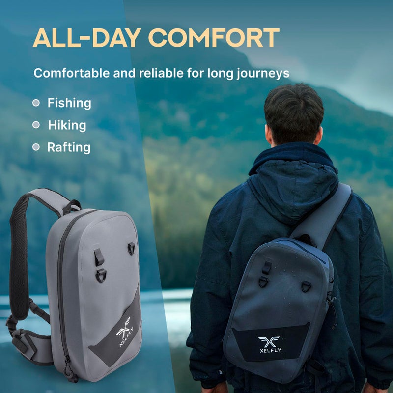 Xelfly Waterproof Fishing Sling Backpack Bag with Rod Holder, Gear Loops - Submersible Zipper, Rugged Top Handle, Adjustable Attachments (Gray) - Image 4