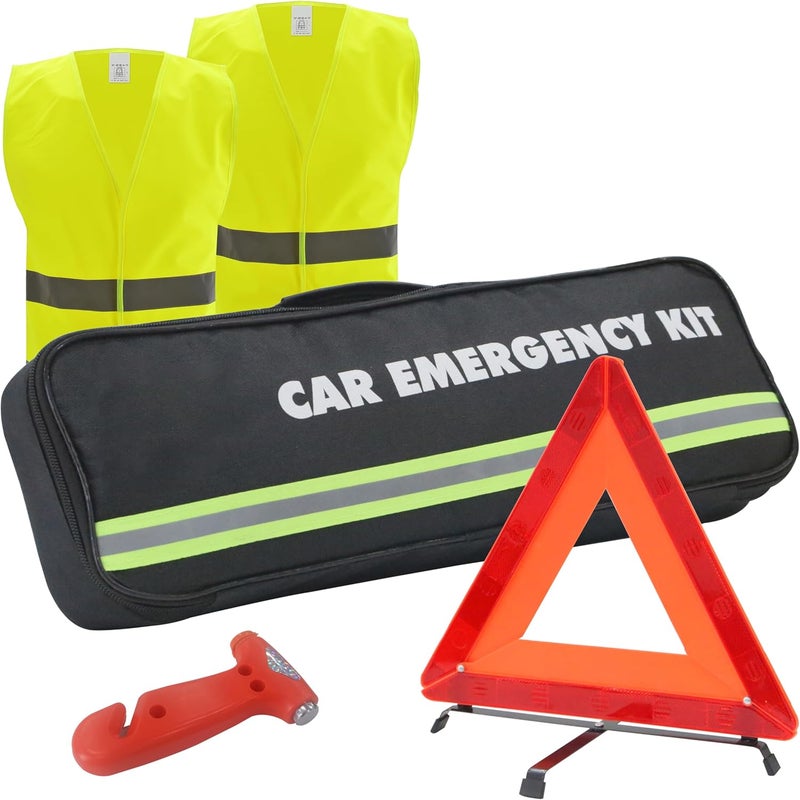 WORKKOOL Emergency Breakdown Kit with Warning Triangle, Safety Hammer, and 2 Hi-Vis Reflective Vests - Image 1