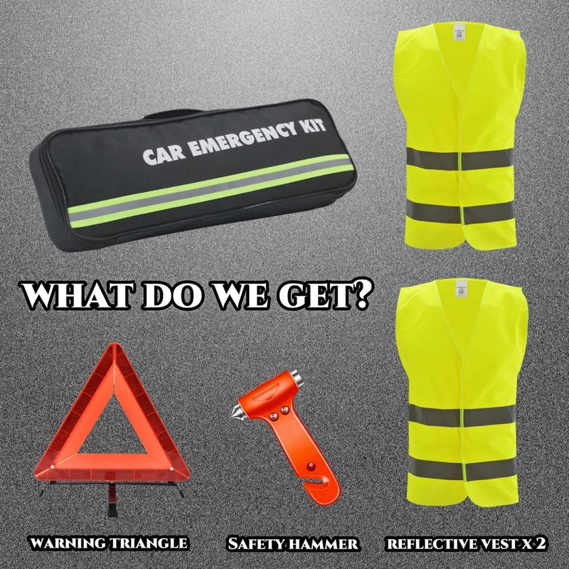 WORKKOOL Emergency Breakdown Kit with Warning Triangle, Safety Hammer, and 2 Hi-Vis Reflective Vests - Image 2