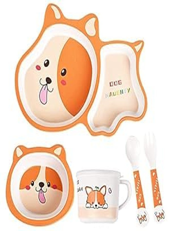 frowwy Baby Tableware Set, Eco Friendly Bamboo Fiber Dinner Set for Weaning Toddlers/Kids, Set of Plate Bowl Cup Fork and Spoon/Baby Feeding Utensils for Kids (Animal Print, Dog) - Image 1