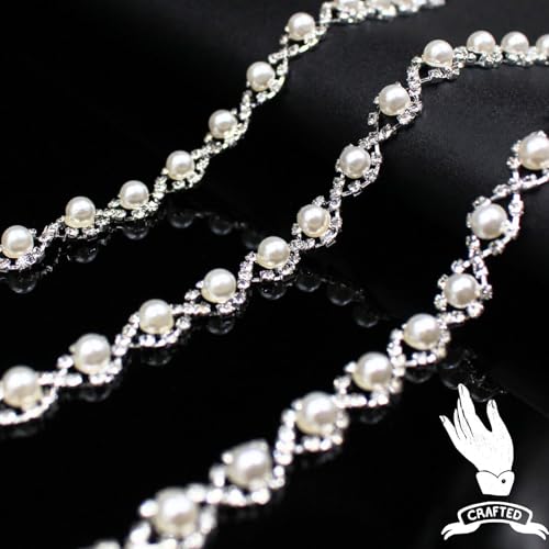 PEARLY JUN 1 Yard Pearl Trim Chain Rhinestone Silver String Crystal Applique Fringe Ribbon Strips Beads Sewing Dress DIY Party Wedding Bouquet for Decoration Bridal Costume Embellishment - Image 2