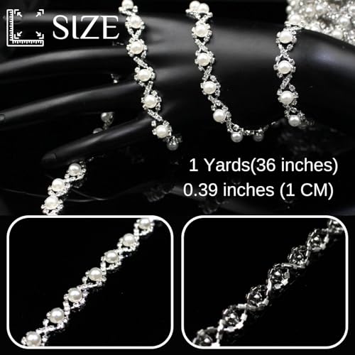 PEARLY JUN 1 Yard Pearl Trim Chain Rhinestone Silver String Crystal Applique Fringe Ribbon Strips Beads Sewing Dress DIY Party Wedding Bouquet for Decoration Bridal Costume Embellishment - Image 3