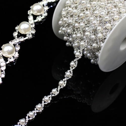 PEARLY JUN 1 Yard Pearl Trim Chain Rhinestone Silver String Crystal Applique Fringe Ribbon Strips Beads Sewing Dress DIY Party Wedding Bouquet for Decoration Bridal Costume Embellishment - Image 1