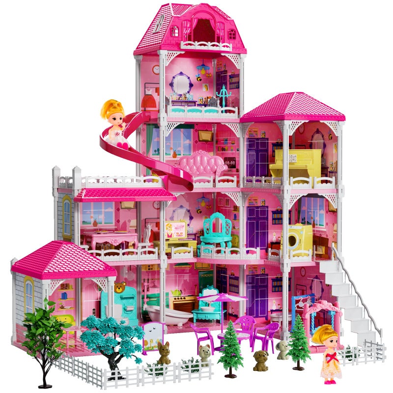TEMI Villa Toys for 3 4 5 6 7 8 Years Old Girls 4 Storeys 10 Rooms Indoor Playset with 2 Dolls Figures Furniture and Accessories Pretend Girls Plays Building Toys Gifts - Image 3