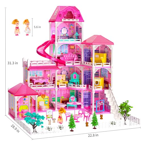 TEMI Villa Toys for 3 4 5 6 7 8 Years Old Girls 4 Storeys 10 Rooms Indoor Playset with 2 Dolls Figures Furniture and Accessories Pretend Girls Plays Building Toys Gifts - Image 5
