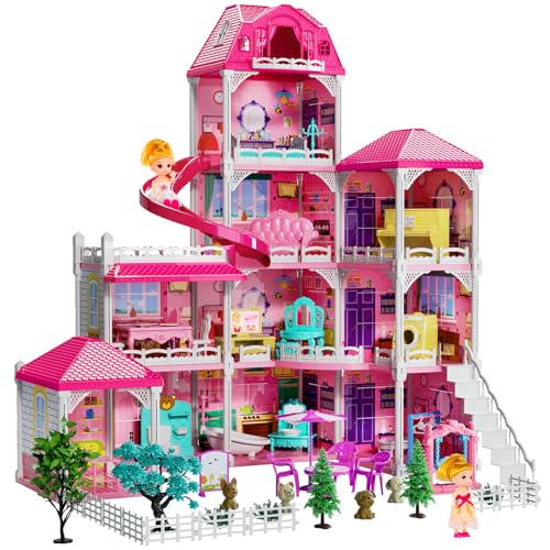 TEMI Villa Toys for 3 4 5 6 7 8 Years Old Girls 4 Storeys 10 Rooms Indoor Playset with 2 Dolls Figures Furniture and Accessories Pretend Girls Plays Building Toys Gifts - Image 1