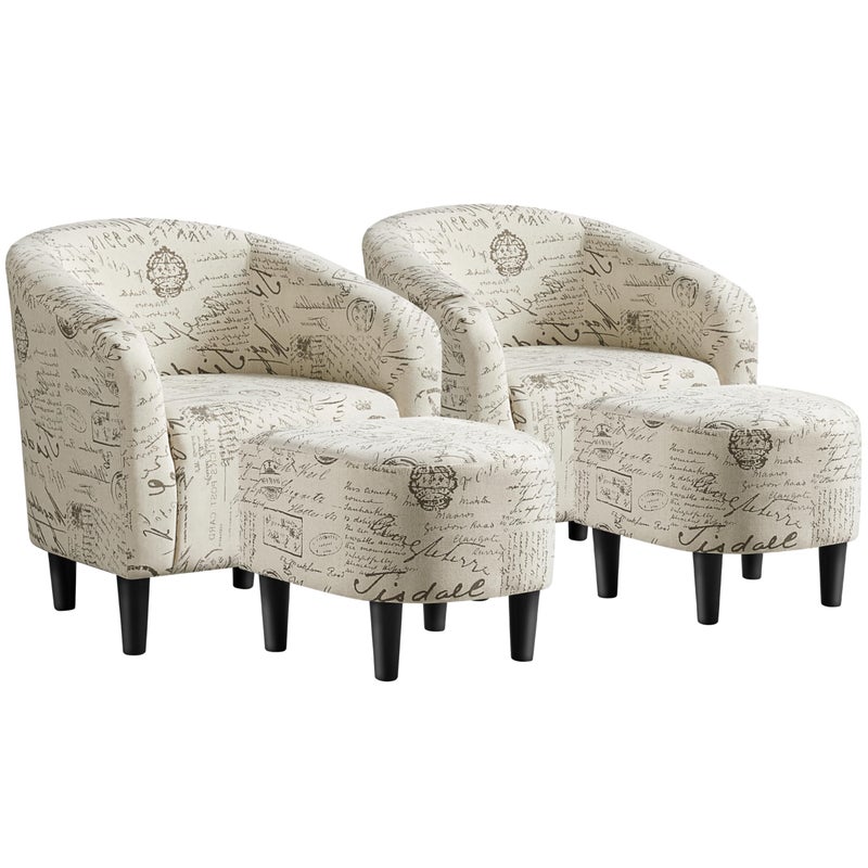Yaheetech Accent Chair with Foot Rest Mid Century Modern Upholstered Soft Barrel Chair Comfy Fabric Armchair and Footrest Set for Living RoomBedroomReading Room Set of 2 Letter Print