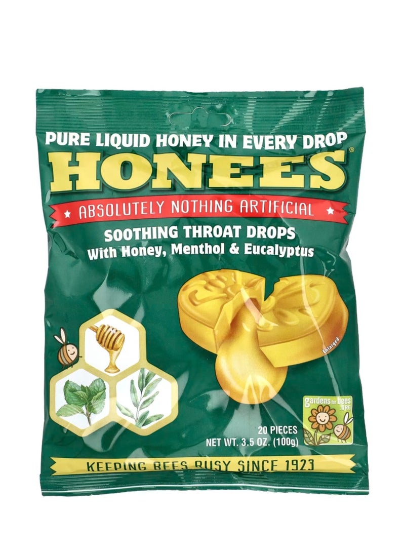 Honees Soothing Throat Drops With Honey Menthol & Eucalyptus 20 Pieces 3.5 oz (100 g)  - Image 1