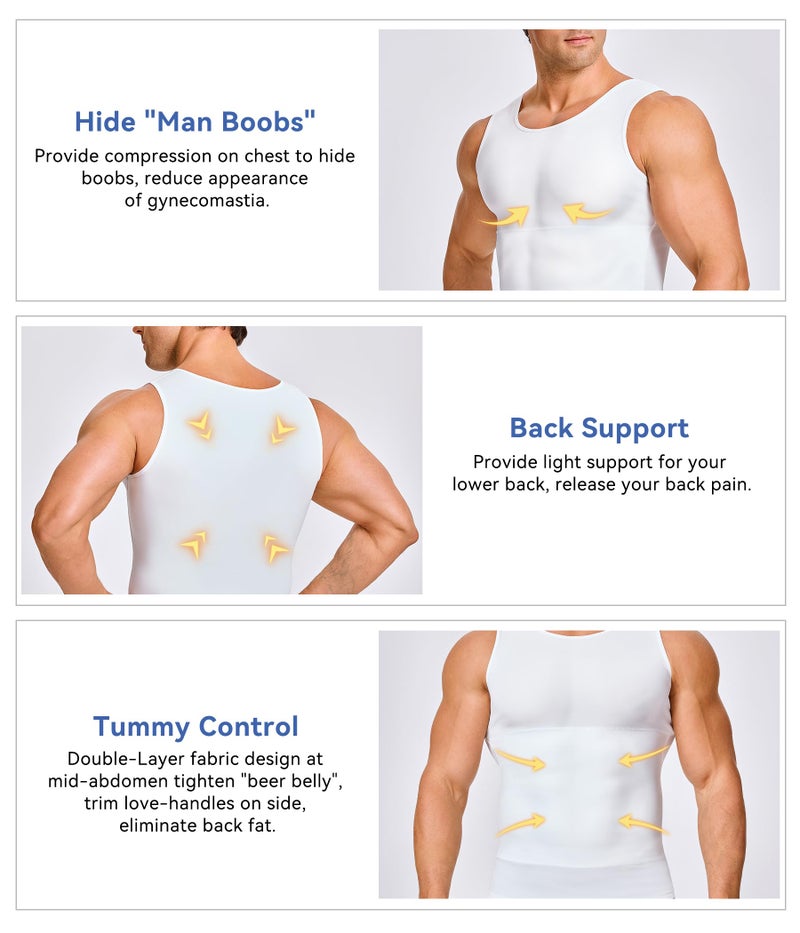 Eleady Mens Compression Shirt Workout Tank Tops Slimming Body Shaper Vest Abs Abdomen Undershirts (White, XX-Large) - Image 2