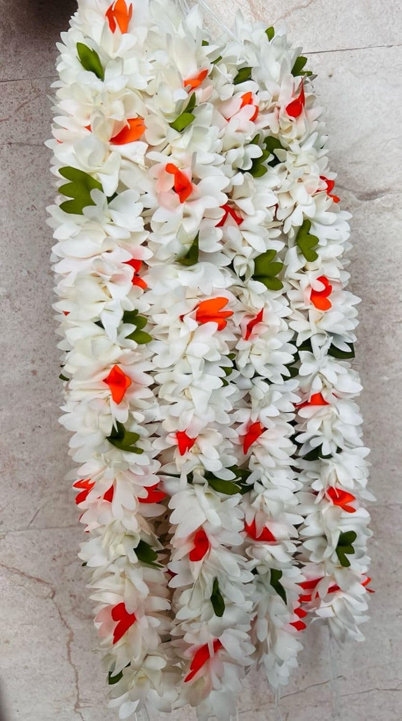 Generic Pooja Accessories (Size: 14 Inch) Cloth Fabric Washable Handmade Mixed Colour Artificial Garland Flower Mala for Photo Frame & God Idols with Rings (White, Orange, Green Mixed 14Inches) Pack of 5  - Image 1