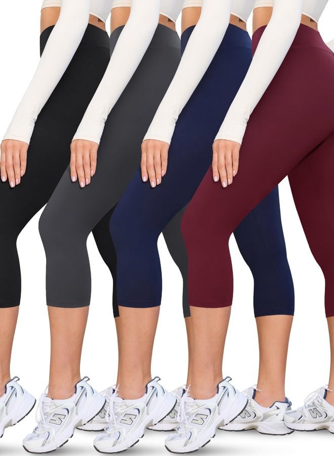 VALANDY Creamlush 4 Pack Capri Leggings for Women-High Waisted Stretchy Soft Yoga Lounge Pants(S-3XL), 4 Packs - Black/Dark Grey/Navy Blue/Wine Red, M-L - Image 1