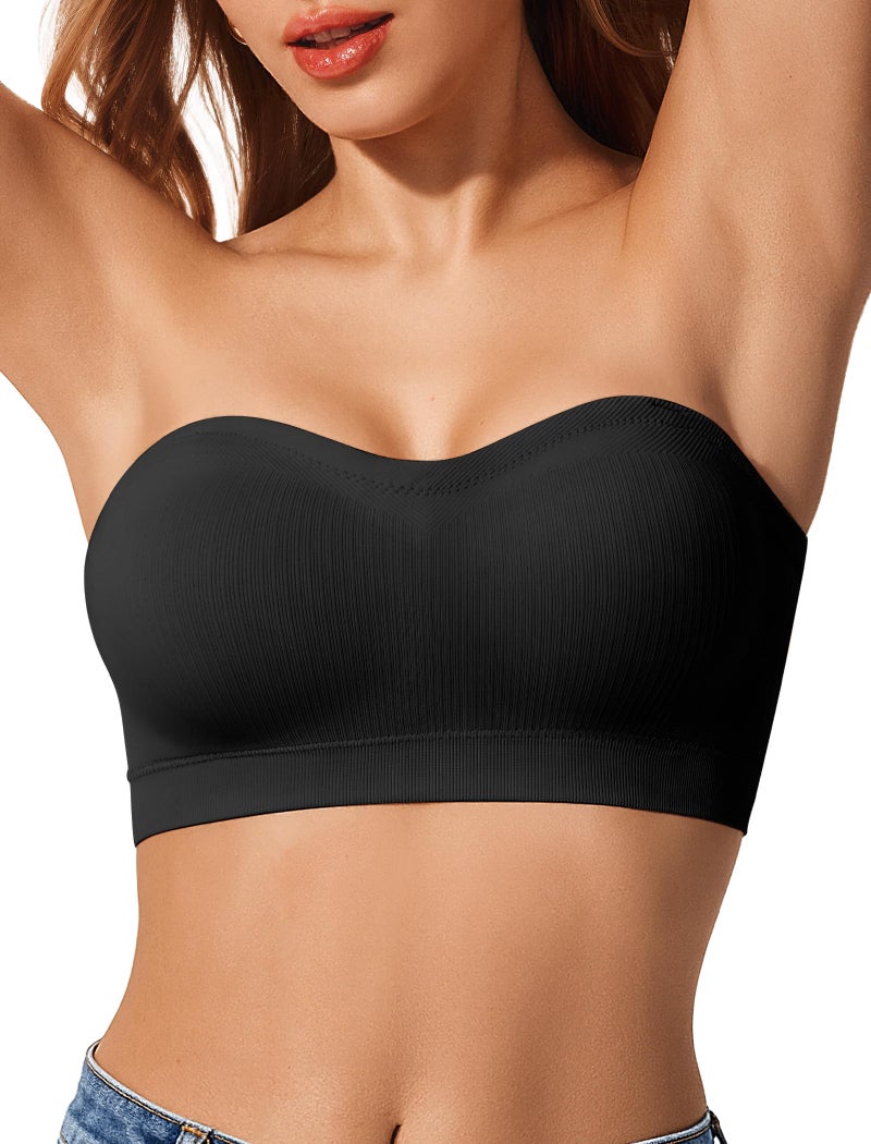 LetsJoli Strapless Push Up Bras for Women Support Bandeau Bra Wireless Seamless Comfortable Non Slip Tshirt Bras Black - Image 1
