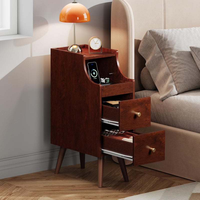 WLIVE Small Nightstand with Drawers, Narrow Bedside Tables with Open Shelf & Cable Hole, Narrow Nightstand for Bedroom, Modern Storage Cabinet for Small Spaces/Living Room, Cherry - Image 1