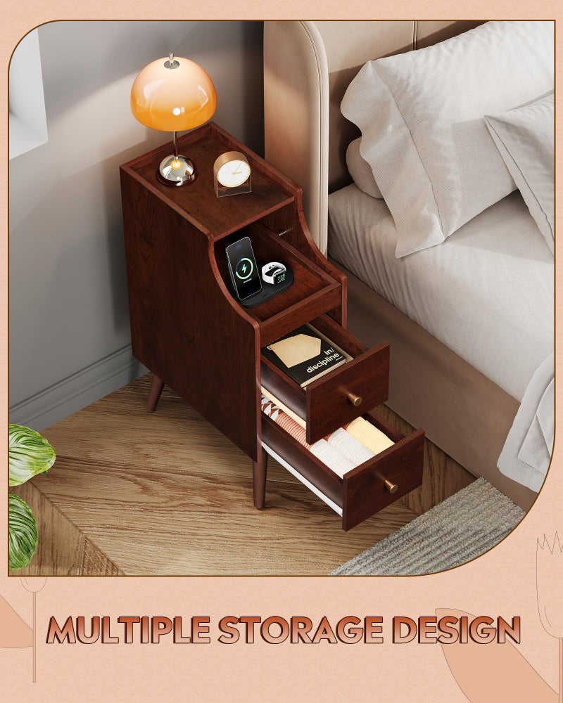WLIVE Small Nightstand with Drawers, Narrow Bedside Tables with Open Shelf & Cable Hole, Narrow Nightstand for Bedroom, Modern Storage Cabinet for Small Spaces/Living Room, Cherry - Image 3