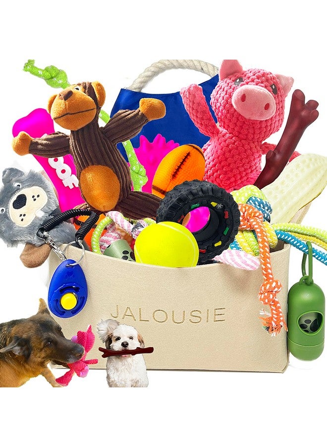 Jalousie Jalousie 24 Pieces Dog Gift Basket For Medium Dog Breeds, Small Breeds, Squeaky Toys, Plush Toy, Rubber Toys, Rope Toys, Training Toys, Poop Bag Dispenser and a Dog Toy Basket (24 Pack Dog Toy Basket)  - Image 1