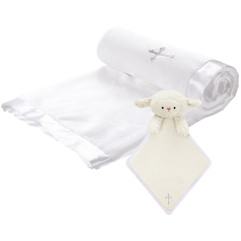 Panelee 2 Pcs Baptism Gifts Christening Blanket with Embroidered Cross Baby Blessings Lamb Security Blanket for First Communion, Baby Showers - Image 1