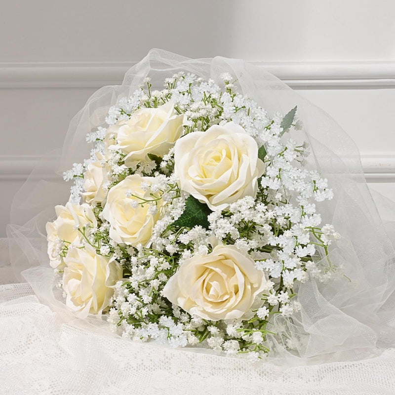 Dolicer 24 Pcs Babys Breath Artificial Flowers Rose Bouquet, White Rose Baby Breath Flowers Artificial Bulk, Real Touch Fake Babys Breath Gypsophila Bouquet for Wedding Party Arrangements Home Decor - Image 1