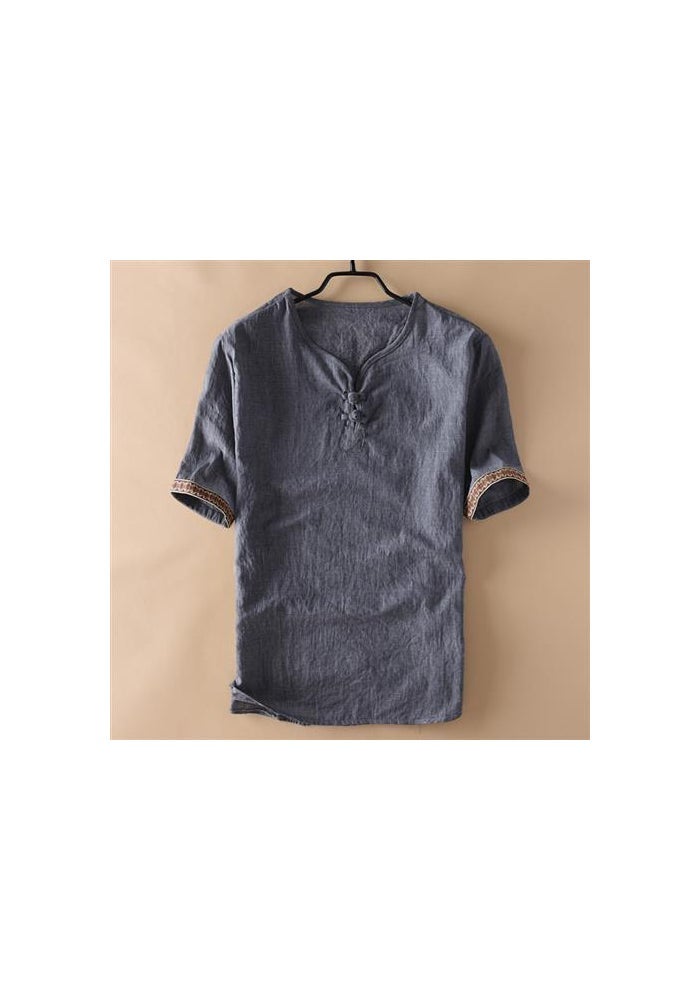 Summer New Chinese Style Men's Faux Linen Cotton Thin Short-sleeved T-shirt Men's Chinese Style Button Ethnic Retro Style - Image 1