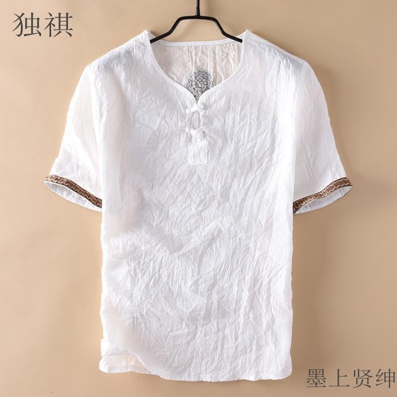 Summer New Chinese Style Men's Faux Linen Cotton Thin Short-sleeved T-shirt Men's Chinese Style Button Ethnic Retro Style - Image 2
