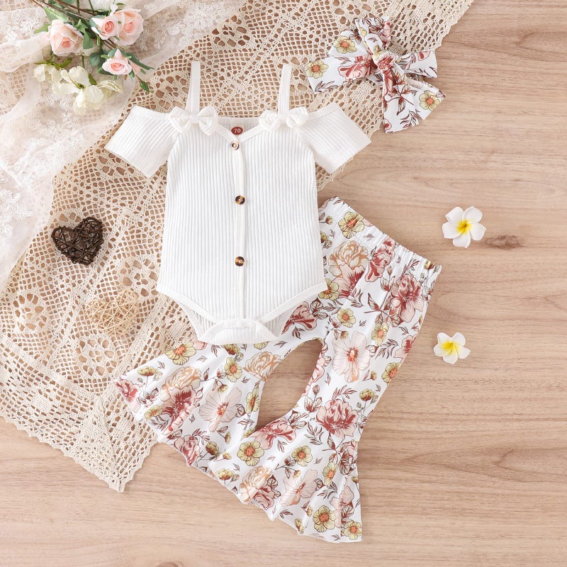 Fernvia Infant Baby Girl Clothes Suspenders Short Sleeve Ribbed Romper Flared Pants Set Headband 3pcs Summer Outfit - Image 2