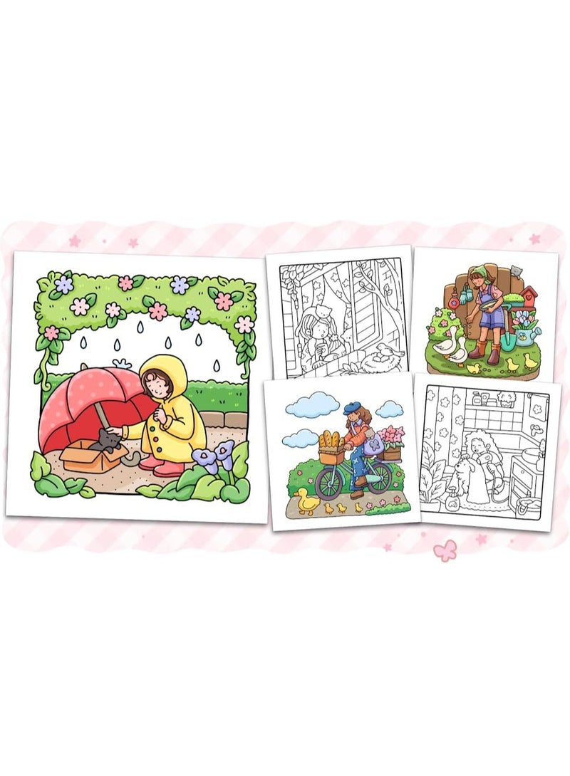 JAYATO "Girl Space" 48 pcs Coloring Book for Adults & Teens – Cute & Cozy Daily Relaxation Activity with Whimsical Illustrations of Girls Reading with Pets, Perfect for Stress Relief, Cozy Spaces & Holiday Gifting - Image 2