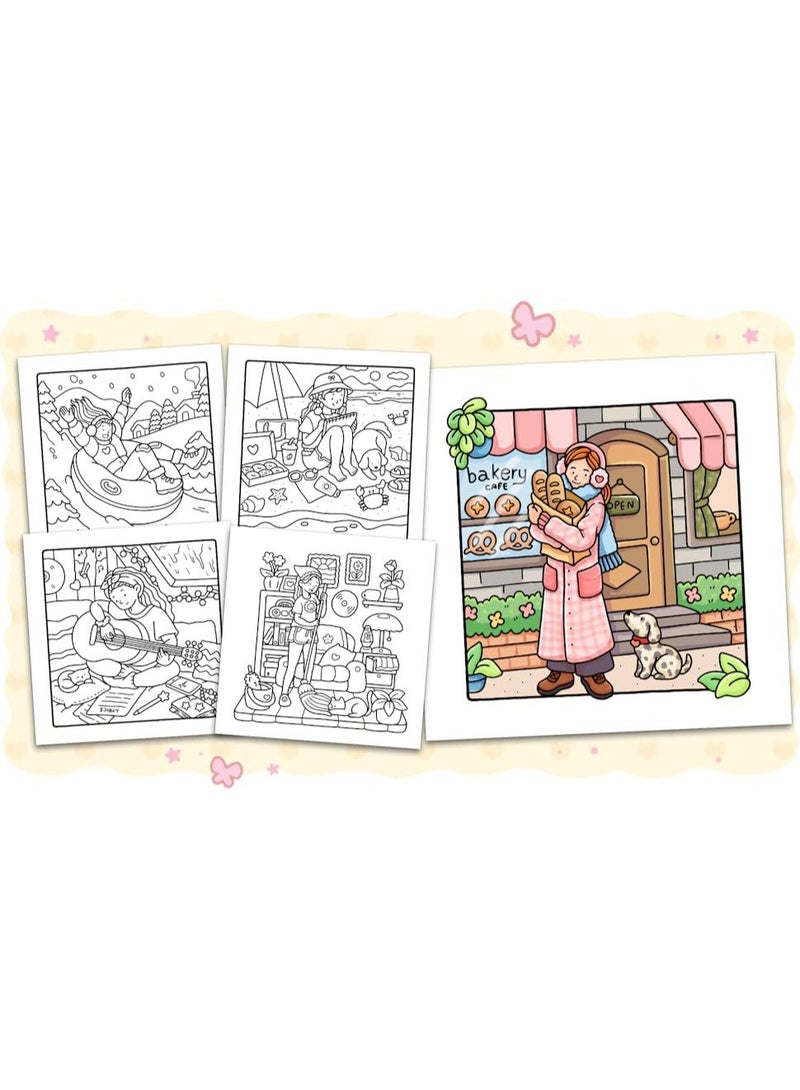 JAYATO "Girl Space" 48 pcs Coloring Book for Adults & Teens – Cute & Cozy Daily Relaxation Activity with Whimsical Illustrations of Girls Reading with Pets, Perfect for Stress Relief, Cozy Spaces & Holiday Gifting - Image 3