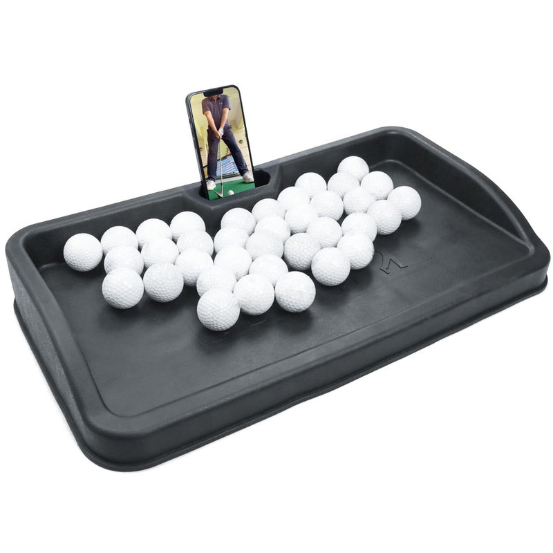 Golfupp Heavy Duty Rubber Golf Ball Tray - with Cell Phone Holder Record Golf Swing - 100 Ball Capacity - High Impact Golf Tray Compatible with All Hitting Mats - Image 1