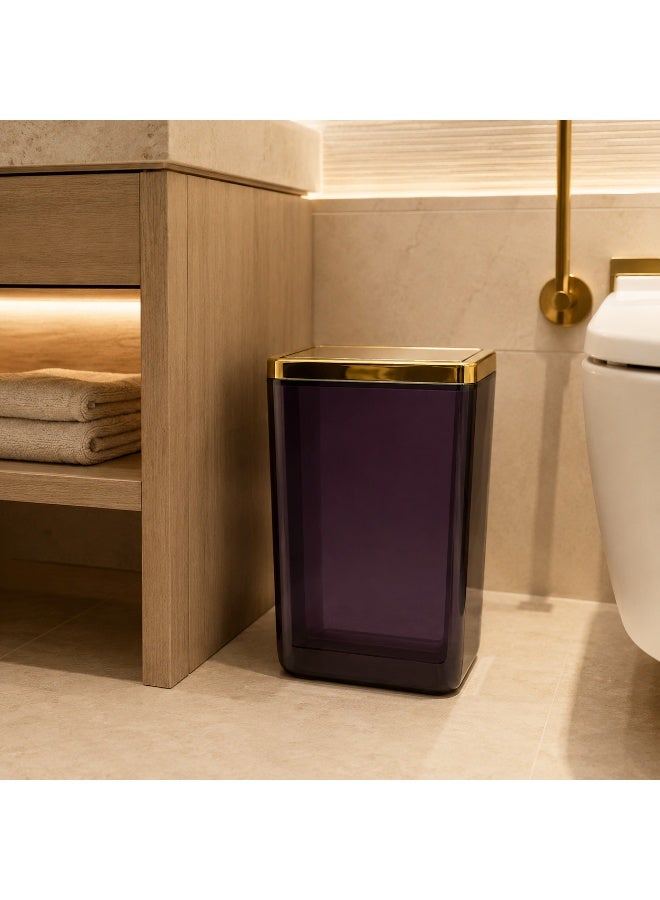 Primanova Trash Bin 6 Liters Acrylic Swing-Top Push Lid Rectangular Compact Waste Basket for Bathroom Bedroom Office 21 × 16 × 28 cm (Black/Gold) - Image 4