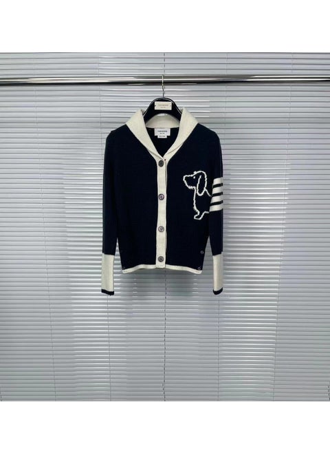 Factory Direct TB Tom Autumn/Winter New Lapel Small Dog Color Blocking Knit Wool Cardigan Stylish Slimming Sweater Navy blue
