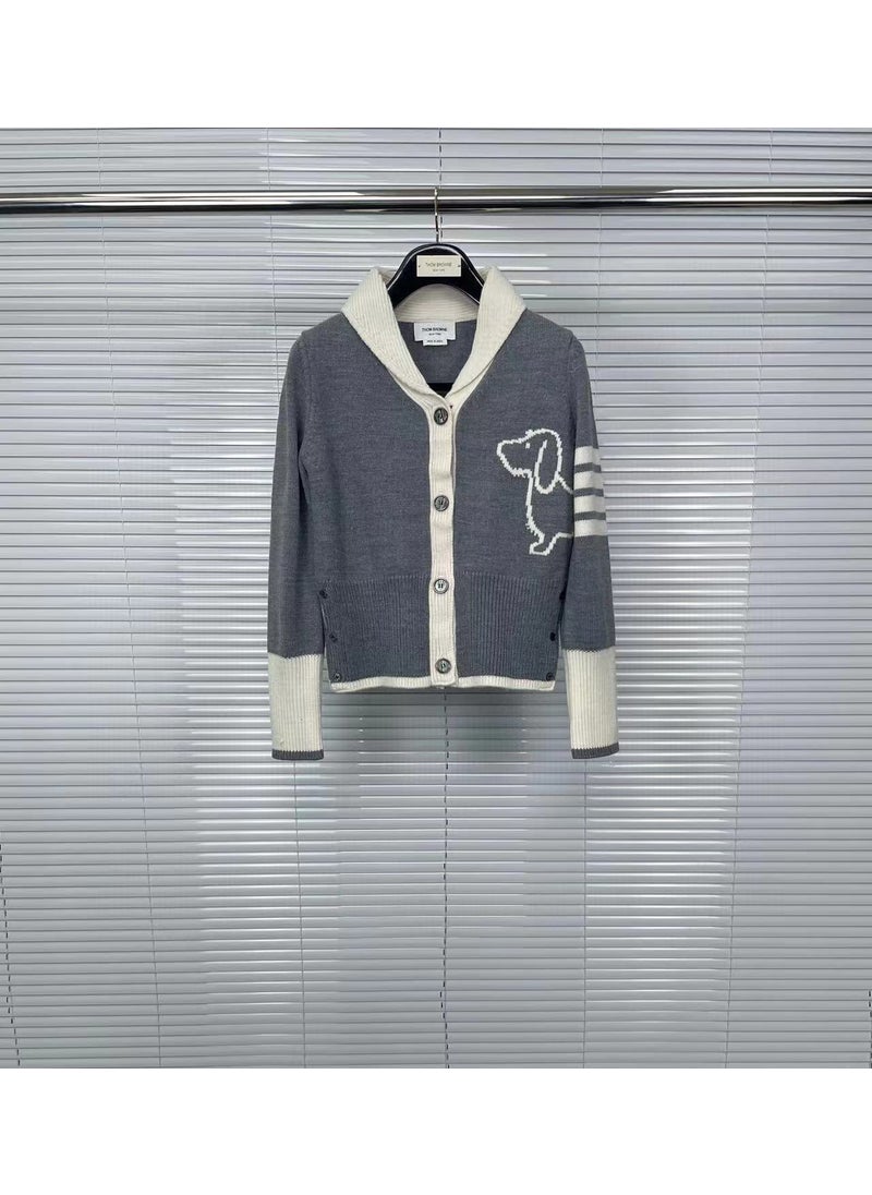 Factory Direct TB Tom Autumn/Winter New Lapel Small Dog Color Blocking Knit Wool Cardigan Stylish Slimming Sweater Navy blue