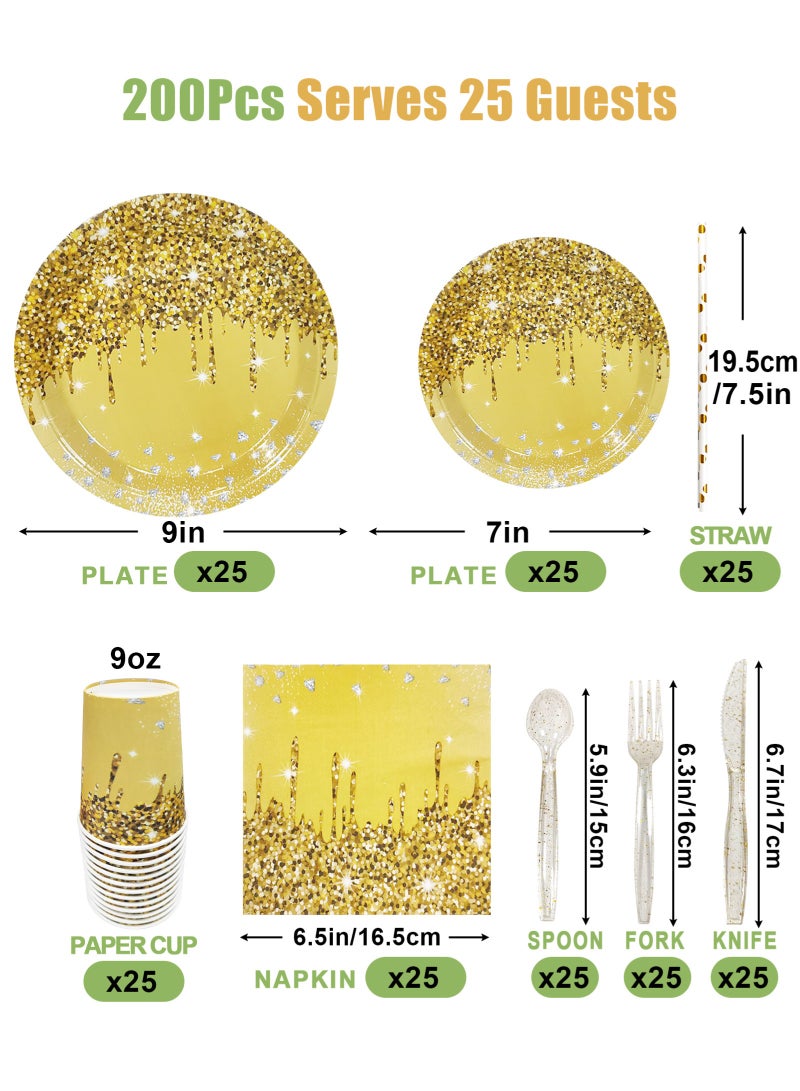 هومار كيت 200 قطعة من الأطباق والمناديل الورقية للاستخدام مرة واحدة، مجموعة أدوات العشاء المكونة من 25 قطعة من لوازم حفلات الضيوف تتضمن أطباق ورقية مستديرة وكوب منديل وقشة بلاستيكية وملعقة وشوكة وسكين للحفلات وحفلات الزفاف وأعياد الميلاد (ذهبي) - Image 2