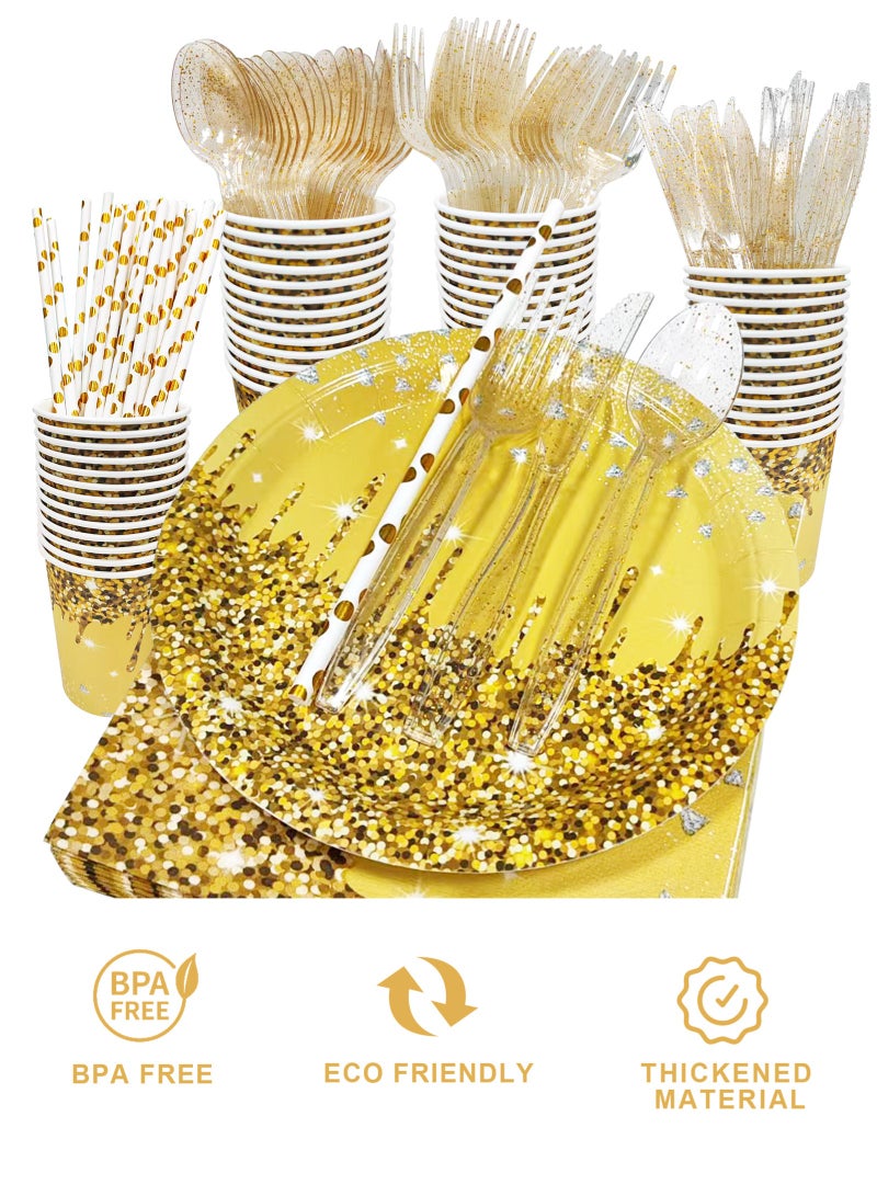 هومار كيت 200 قطعة من الأطباق والمناديل الورقية للاستخدام مرة واحدة، مجموعة أدوات العشاء المكونة من 25 قطعة من لوازم حفلات الضيوف تتضمن أطباق ورقية مستديرة وكوب منديل وقشة بلاستيكية وملعقة وشوكة وسكين للحفلات وحفلات الزفاف وأعياد الميلاد (ذهبي) - Image 3