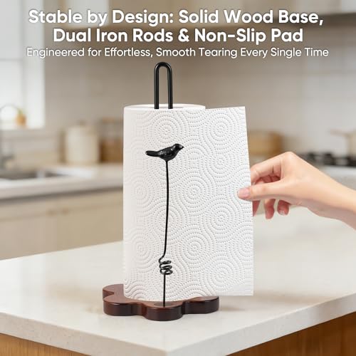 Tocemei Wood Paper Towel Holder Countertop,Flower Shaped Wood Base with Decorative Spring-Loaded Iron Bird Accent,Dual Iron Rods,Non-Slip Pads,Stable for Kitchen,Dining Room&Home Decor - Image 5