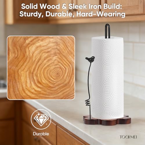 Tocemei Wood Paper Towel Holder Countertop,Flower Shaped Wood Base with Decorative Spring-Loaded Iron Bird Accent,Dual Iron Rods,Non-Slip Pads,Stable for Kitchen,Dining Room&Home Decor - Image 4