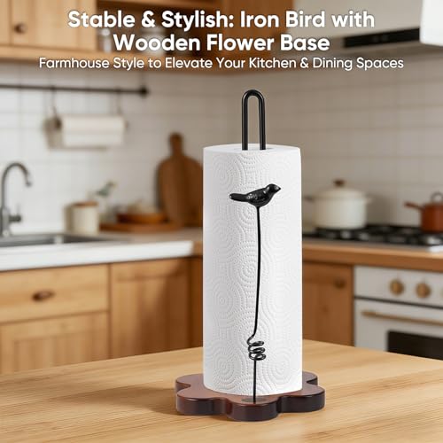 Tocemei Wood Paper Towel Holder Countertop,Flower Shaped Wood Base with Decorative Spring-Loaded Iron Bird Accent,Dual Iron Rods,Non-Slip Pads,Stable for Kitchen,Dining Room&Home Decor - Image 2
