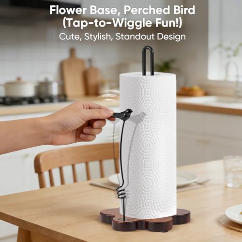 Tocemei Wood Paper Towel Holder Countertop,Flower Shaped Wood Base with Decorative Spring-Loaded Iron Bird Accent,Dual Iron Rods,Non-Slip Pads,Stable for Kitchen,Dining Room&Home Decor - Image 3