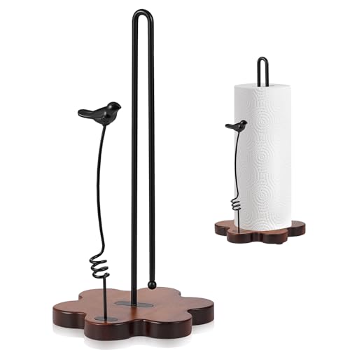 Tocemei Wood Paper Towel Holder Countertop,Flower Shaped Wood Base with Decorative Spring-Loaded Iron Bird Accent,Dual Iron Rods,Non-Slip Pads,Stable for Kitchen,Dining Room&Home Decor - Image 1