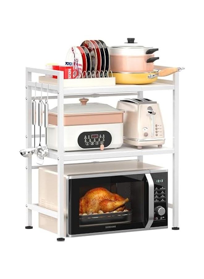 TRASSLE - Extendable Microwave Oven Rack, Adjustable Microwave/Toaster Shelf Heavy Duty Stand Kitchen Counter Top Organizer, 3 Tier with 6 Hooks,White - Image 1