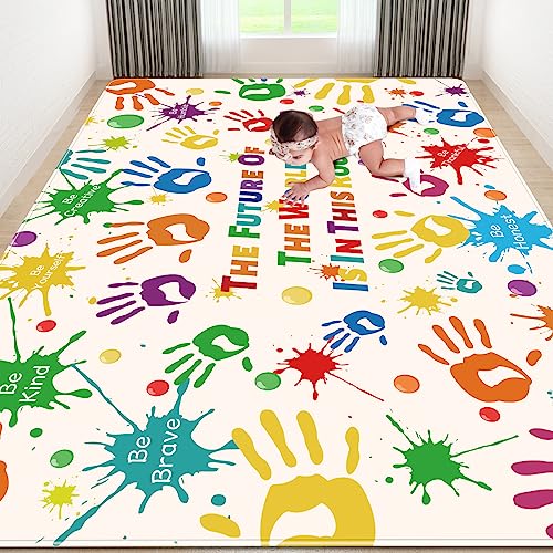 LTKOUGFAM Colorful Kids Rug, Washable Rug for Kids, Handprints Area Rugs for Kid Bedroom, Non-Slip Play Mat Ultra Soft Thick Indoor Plush Rugs for Playroom Classroom Nursery Decor (9'2" X 6'7") - Image 3