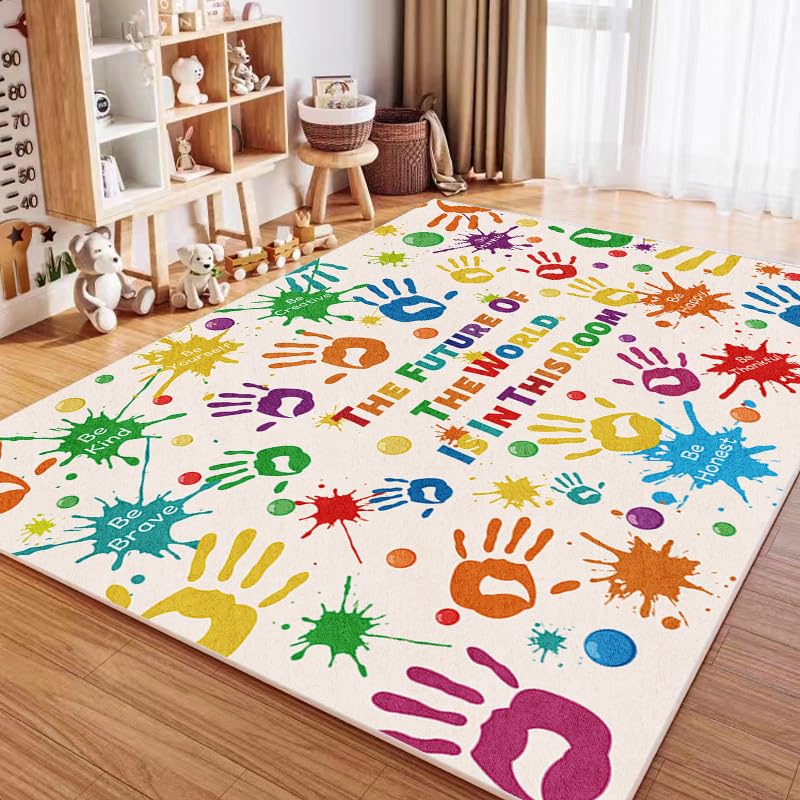 LTKOUGFAM Colorful Kids Rug, Washable Rug for Kids, Handprints Area Rugs for Kid Bedroom, Non-Slip Play Mat Ultra Soft Thick Indoor Plush Rugs for Playroom Classroom Nursery Decor (9'2" X 6'7") - Image 2