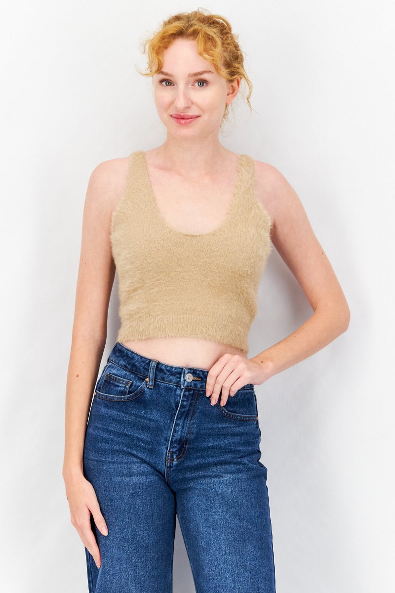 NA-KD Women U-Neck Sleeveless Fuzzy Knit  Tops, Dark Beige - Image 1